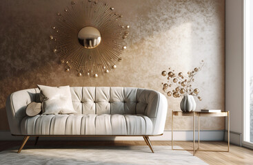 Stylish gray velvet sofa against stucco wall. Interior design of modern living room. Created with generative AI