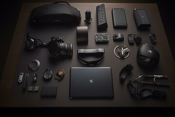 Top view of luxurious gadgets and devices arranged flatly. Generative AI