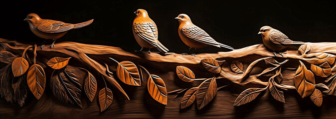 Wooden piece crafted with details in leaves and birds