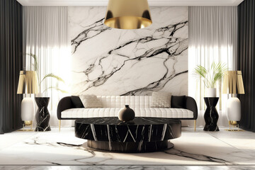 Sofa against marble wall. Interior design of modern living room. Created with generative AI