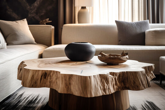 Live edge wooden coffee table against textile sofa. Interior design of modern living room. Created with generative AI
