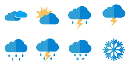set of weather icons. symbols of weather. cloudy , sun , sun rise , thunder , rain , ice , snow ,  winter cloud color flat icon