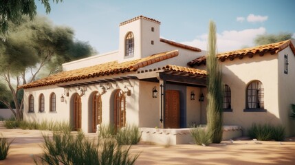 Naklejka premium Adobe revival exterior house design in daytime golden hour generative ai