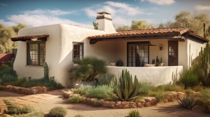 Obraz premium Adobe revival exterior house design in daytime golden hour generative ai