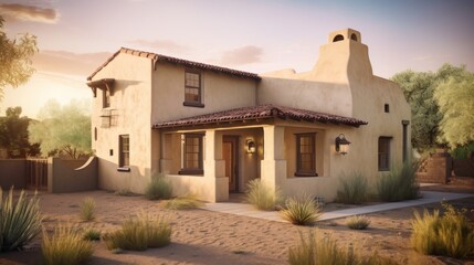 Fototapeta premium Adobe revival exterior house design in daytime golden hour generative ai