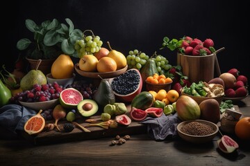 Fototapeta na wymiar Assorted healthful produce arranged on grey table. Generative AI