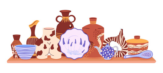 Modern decorative pottery. Ceramic crockery, hand drawn tableware, shelf with kitchen pottery. Handmade clay ceramic crockery vector illustration