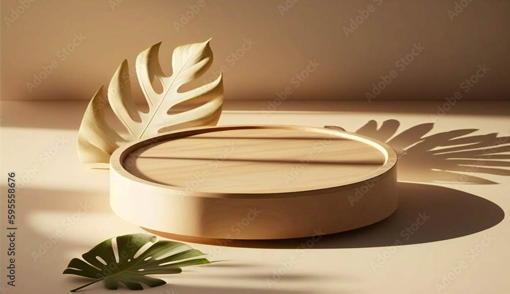 Poster podium template with foliage drop shadow for product. beauty mockup with empty tray presentation. ge