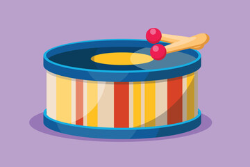 Cartoon flat style drawing drum toys with two sticks logo, icon, symbol. Musical instrument, drumbeat, drumming. Drum music stick baby toys. Series of children toys. Graphic design vector illustration