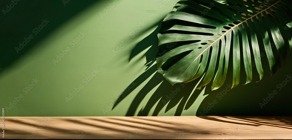 Poster podium template with foliage drop shadow for product. beauty mockup with empty tray presentation. ge