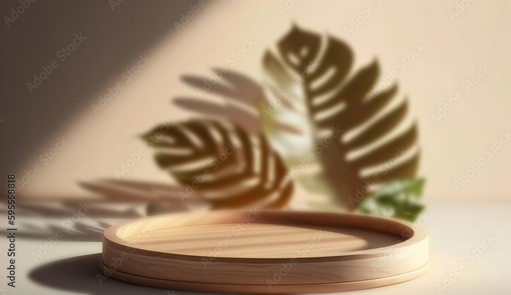 Poster podium template with foliage drop shadow for product. beauty mockup with empty tray presentation. ge