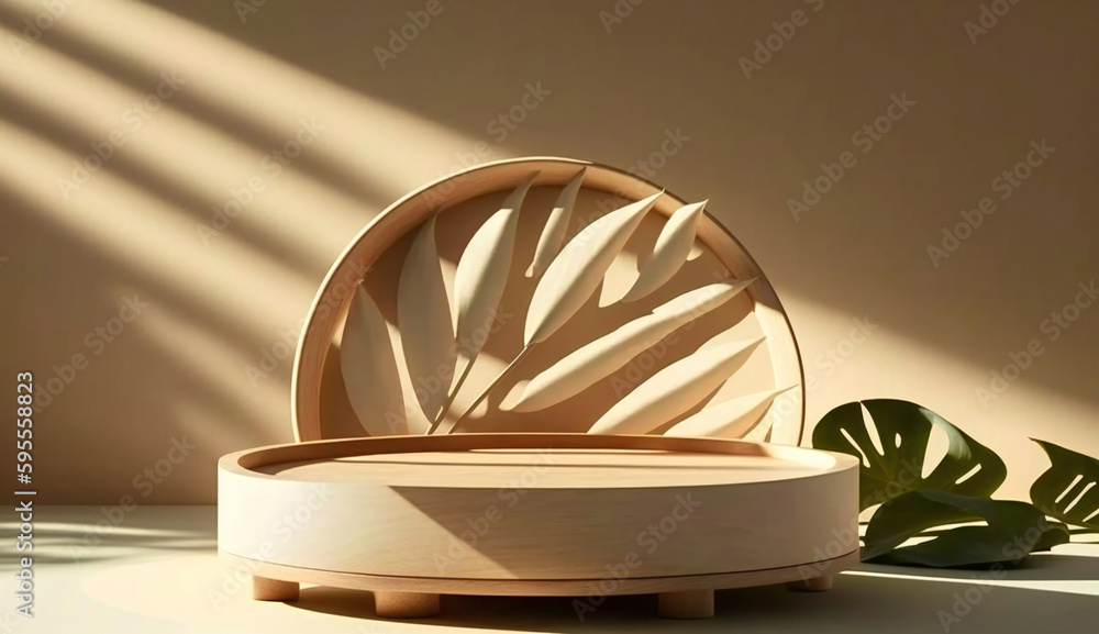 Poster podium template with foliage drop shadow for product. beauty mockup with empty tray presentation. ge