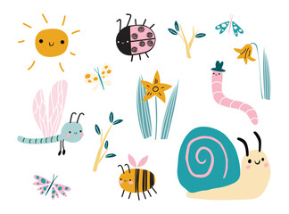 Cute vector flying insects and flowers flat style. Isolated elements of summer flowers and animals: dragonfly, ladybug, bee, worm, snail, butterfly, narcissus, sun and tree branches. Cartoon kawaii