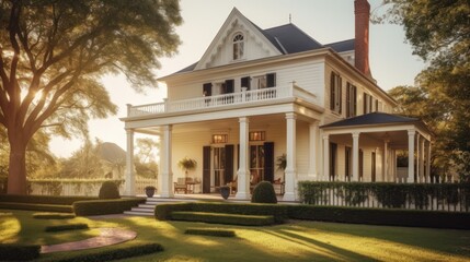 Obraz premium Antebellum exterior house design in daytime golden hour generative ai