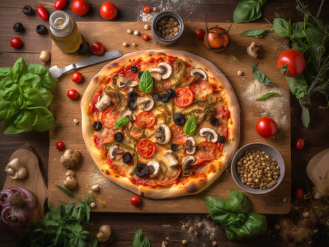 A top-down shot of a delicious-looking pizza on a wooden table with fresh ingredients arranged around it.