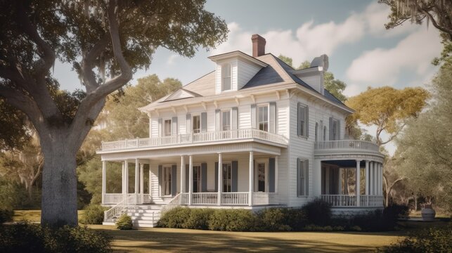 Antebellum exterior house design in daytime golden hour generative ai