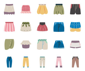 Icons set of pants, shorts and skirt.