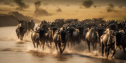 A herd of wildebeest crossing a river during migration season, concept of Animal Migration Patterns, created with Generative AI technology