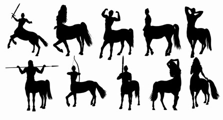 collection of  silhouette male  and female centaur with body posing,  isolated vector