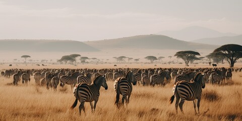 A herd of zebras grazing on the savanna, concept of Animal behavior, created with Generative AI technology - obrazy, fototapety, plakaty