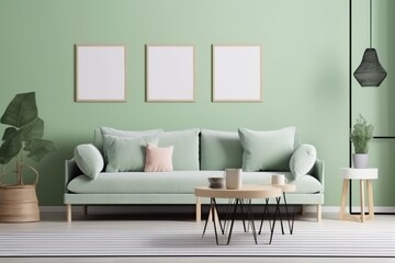 interior background carpet green mint style house stylish living room decoration brick home. Generative AI.