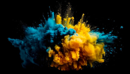 Explosion of powder yellow and blue on a black background.