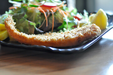   fried fish with tomato gravy and salad or fish and chips