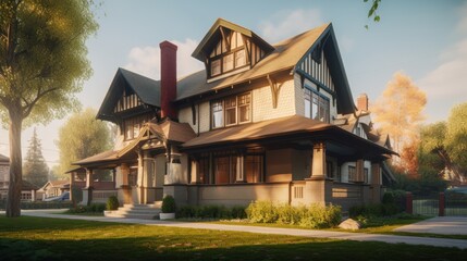 Arts and crafts exterior house design in daytime golden hour generative ai
