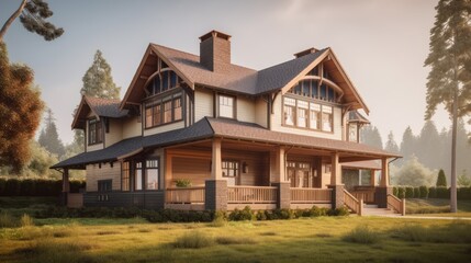 Arts and crafts exterior house design in daytime golden hour generative ai