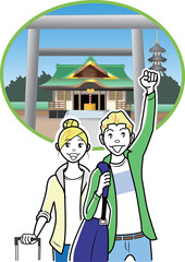 寺社仏閣を訪れる外国人カップルの観光客