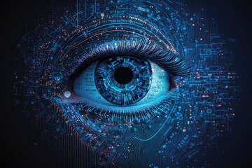 Close up of human eye with digital binary code concept