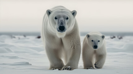 Obraz na płótnie Canvas Polar bear with baby polar bear walking on snow, generative AI