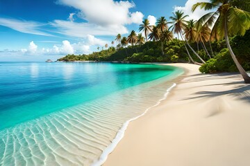 Fototapeta na wymiar View of exotic tropical beach with white sand and palms around