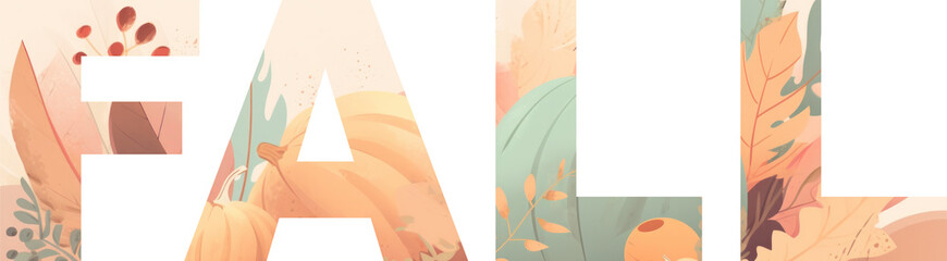 Fall word with pastel colors leaves and pumpkins on transparent background. Generative AI.