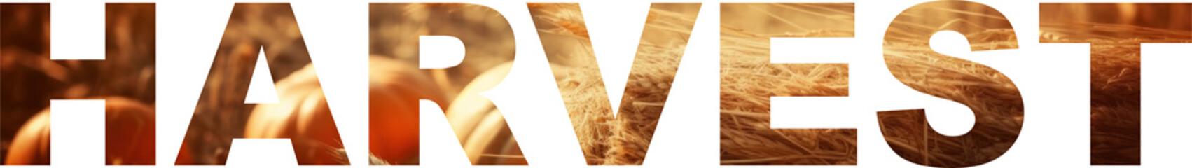 Harvest lettering with pumpkin and wheat on transparent background. Generative AI.