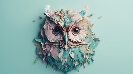 Fototapeta premium Multicolored Owl on a pastel colored background. Elegant colorful animal wallpaper illustration. Dreamy creative vibe aesthetics. Generative AI.
