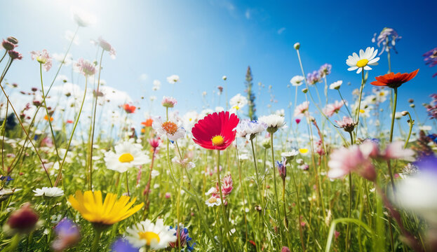 Beautiful summer background with blooming wildflowers and a blue sky on a sunny day.