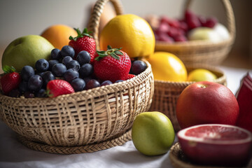 assorted fresh fruits in a square basket isolated on white background, with copy space. High quality photo