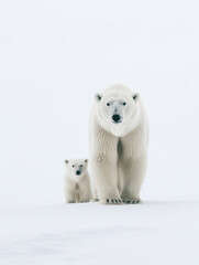 Polar bear and her cub walking across a snowy field. Generative AI