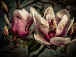 Two magnolia flowers on a branch. Generative AI