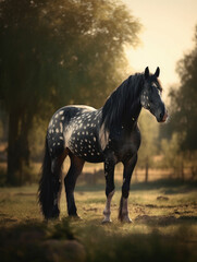 Obraz na płótnie Canvas Black and white horse standing in a field. Generative AI