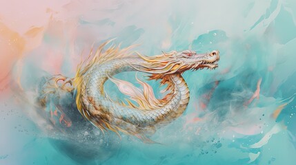 Fototapeta na wymiar Multicolored Dragon on a pastel colored background. Elegant colorful mythological animal wallpaper illustration. Dreamy creative vibe aesthetics. Generative AI.