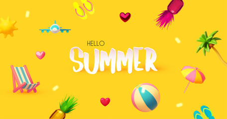 Hello Summer! Cool summer vacation. 3D tropic holiday design. Exotic journey. Deck chair, pineapple, umbrella and ball.
