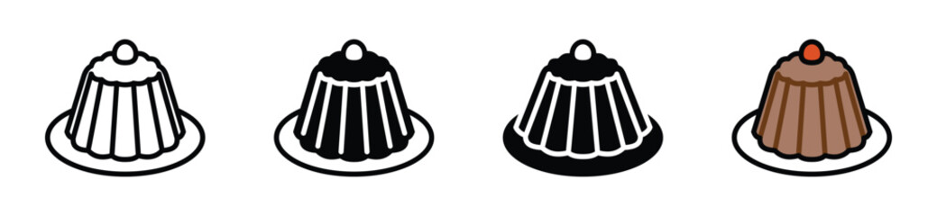 Pudding icon vector. Pudding dessert with fla and fruit icons in line, flat, and colors style. Bakery sign and symbol. Vector illustration