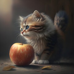 Small cat nearby apple - AI Generated