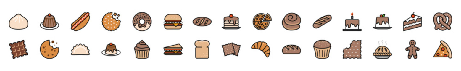 Bakery icons vector set in colors style. Bread, cupcake, pancake, donut, cake, pudding, biscuit, cookies, pie, humberger, pizza, sandwich, hot dog icon for apps and website symbol illustration