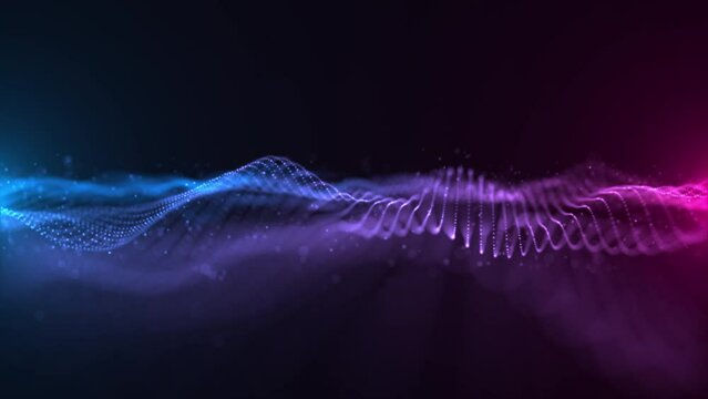 A gently undulating neon colored blue and pink digital fractal light wave with floating particles animation. This abstract technology concept motion background is 4K and a seamless loop.