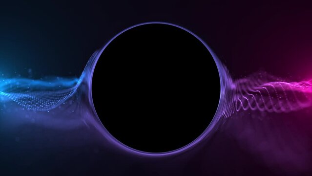 Neon colored blue and pink fractal light wave with floating particles and circle shaped copy space for logo. This abstract technology motion background animation is 4K and a seamless loop. - Powered by Adobe