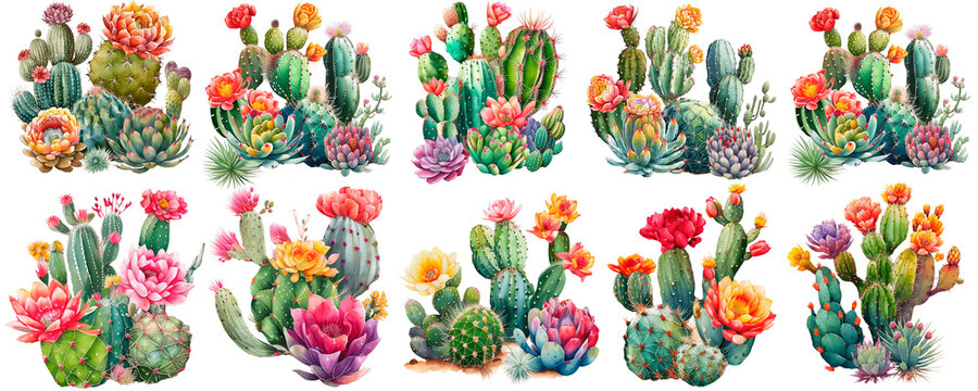 Set of cactus arrangements, Watercolor botanical illustration, Generative AI 