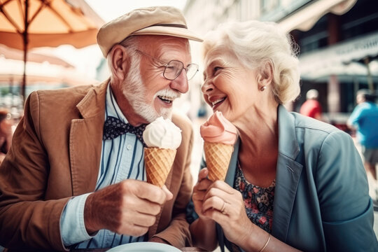 sugar sweet couple in love eating icecream in the city. generative ai